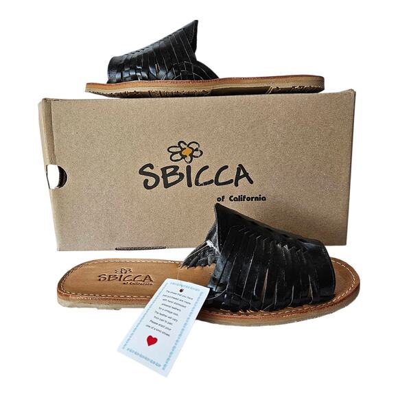 SBICCA Women's 7 Lawrin Woven Huarache Slide Sandal Black Leather Flats NEW - Picture 1 of 9